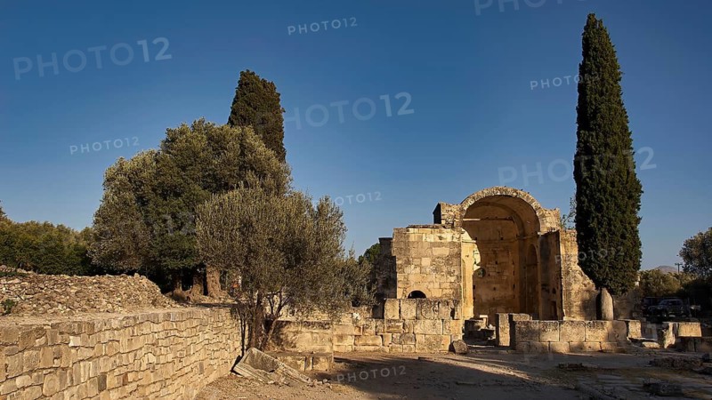 Titus Basilica, Greece, ruins with tall cypresses and old stone structures in natural surroundings, Gortyn, Gortyna, Gortys, ancient city in central southern Crete, later capital of the Roman province of Creta, Crete, Greek Islands, Greece