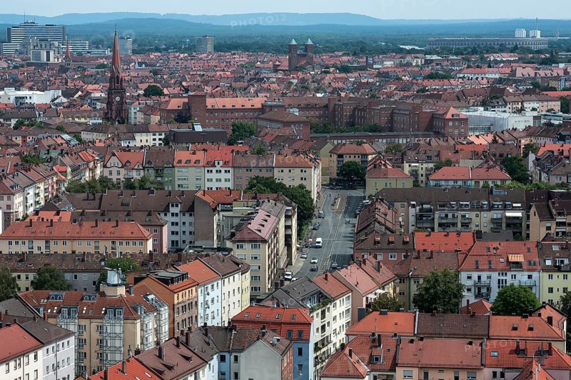 View of Nuremberg's old town from the castle vacation, back right the Kongresshalle Reichsparteitagsgelände, liks the Federal Employment Office, Middle Franconia, Bavaria, Germany