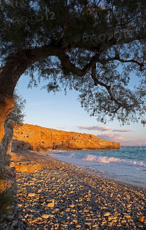 Orange rocks on Koutelo Beach or beach at sunset, Vouvas near Chóra Sfakion, Chania Regional Unit, Sfakia Municipality, Crete, Greece
