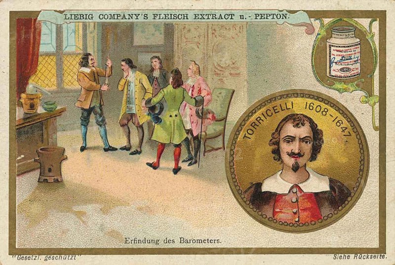 Photo series researcher, invention of the barometer, shows Torricelli and a scene from his laboratory, favorite picture, digitally restored reproduction of a collector's painting from around 1900, exact date unknown