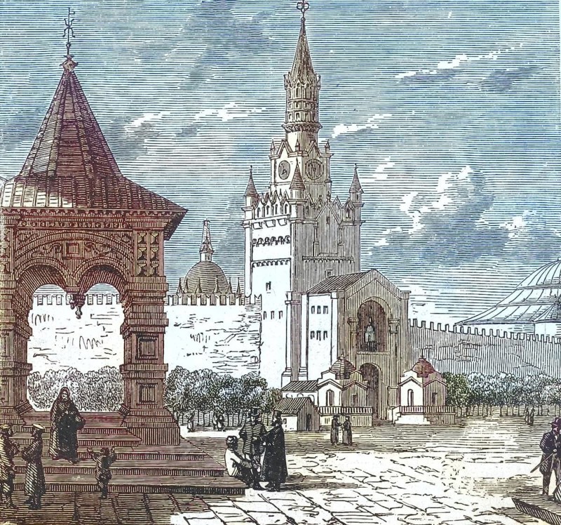Resurrection Gate at the entrance to Red Square in Moscow. The tower in the background is the Spasskaya Tower, Savior Tower, of the Moscow Kremlin, around 1870, Russia, illustration, reproduction from a 19th century model. Authentic, file restored for optimal use, exact date of original unknown, historical, colored