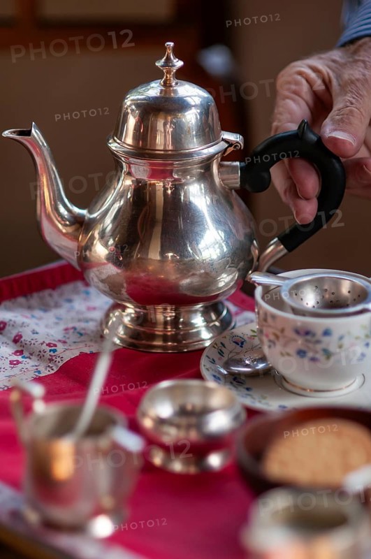 Hand touches handle of an old teapot, traditional English afternoon tea, Chapslee Hotel, former summer residence of Raja of Kapurthal, Elysium Hill, Lakkar Bazar, Shimla, Himachal Pradesh, North India, India