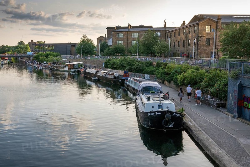 Houseboats moored, office and commercial buildings, Regent's Canal Towpath, Camden Town, London, England, Great Britain, Great Britain