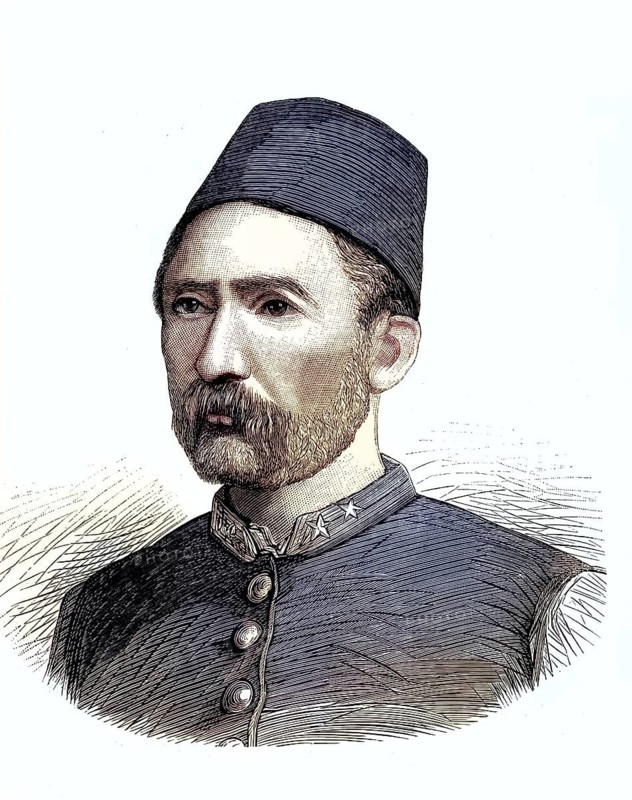 General Süleyman Hüsnü Pasha, also known as Süleyman Pasha, 1838–1892, a renowned military commander of the Ottoman Empire who achieved historical fame primarily through his role in the Russo-Ottoman War (1877–1878) and the battles at the Shipka Pass, a reproduction of a 19th-century original. Authentic, file restored for optimal use, exact date of the original unknown, nostalgically coloured
