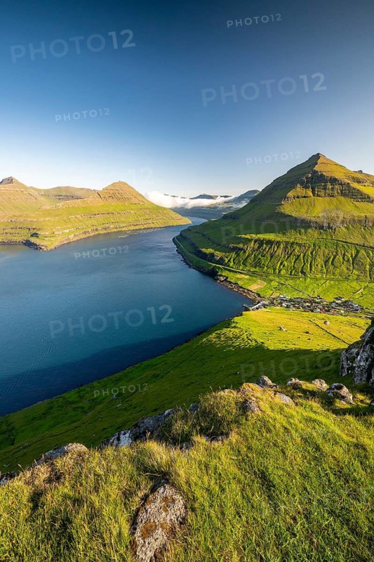 Panoramic view from Hvíthamar viewpoint on Funningsfjørður near Funningur on Eysturoy island, fjord with steep mountains, Faroe Islands, Denmark