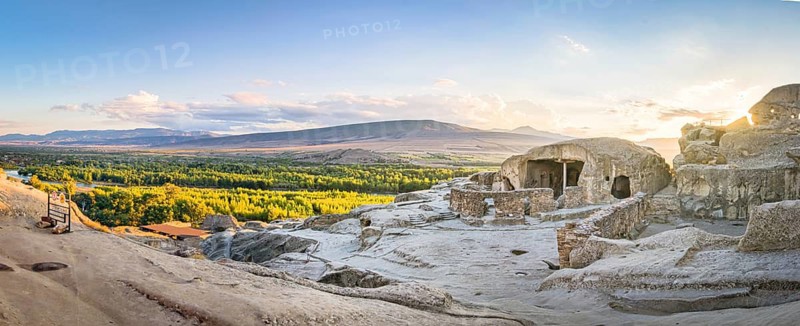 Wide angle panoramic view to Uplistsikhe cave city.Georgia