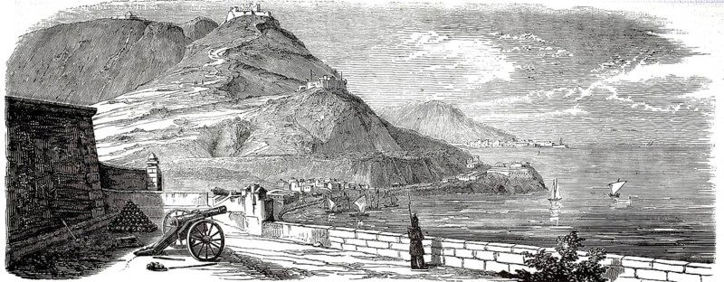 Engraving of Oran, Algeria showing Mount Murdjadjo and the city in front of independence. Fortified port city with a fortress on the top of the mountain, 1870, reproduction from a 19th-century model. Authentic, file restored for optimal use, exact date of submission unknown