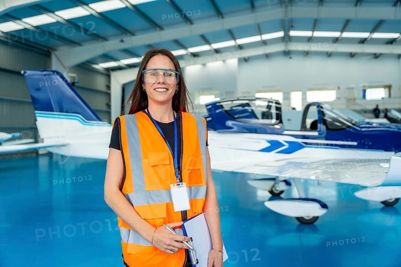 Female aviation technician standing and smiling in an airplane hangar, wearing a safety vest and goggles, holding a clipboard while preparing for aircraft maintenance work