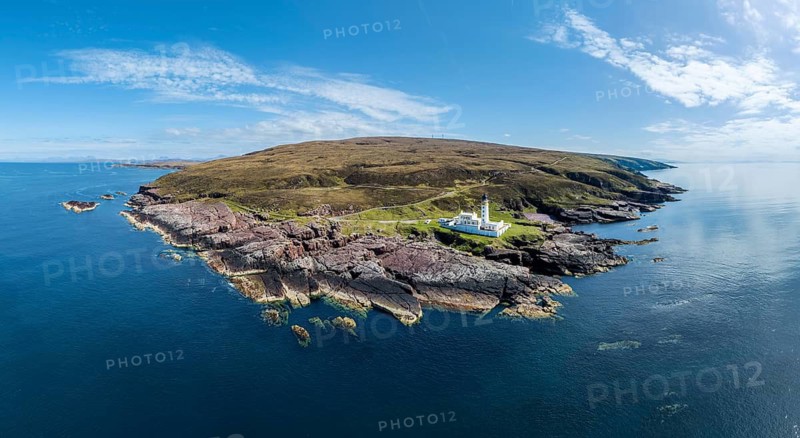 Aerial panorama photo of Rua Reidh Point Iighthouse at the rocky atlantic coast of northern Scotland, UK