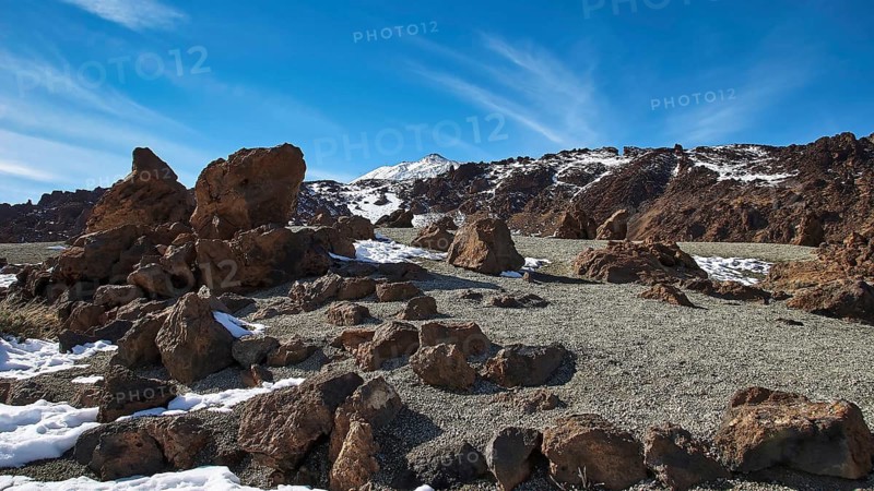 Snowy rocks in front of a mountain under clear sky, Teide, Parque Nacional del Teide, Teide National Park, volcano, volcanism, UNESCO World Heritage Site, Tenerife, Canary Islands, Spain