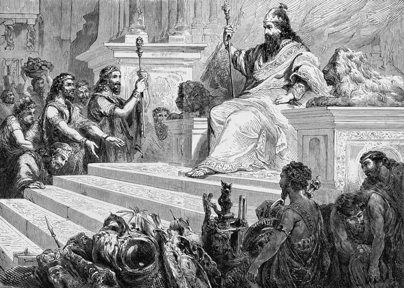 King Solomon in his glory, Bible, Old Testament, Solomon's glory, wisdom, throne, royal throne, magnificent, royal palace, wealth, power, reign, Kingdom of Israel, Jerusalem, temple building, wise king, divine wisdom, royal dignity, ruler, crown, sceptre, court, splendor, throne of justice, Old Testament symbolism, sitting, dignity, steps, entourage, lion statues, presents presented, historical illustration around 1850