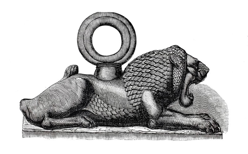 Bronze lionweight from the palace of the Assyrian King Sargon II in present-day Iraq. The figure served as a standardized trade weight in ancient times. The large ring on the lion's back served as a practical handle to lift and transport the massive weight, illustration, reproduction from a model from the 19th century. Authentic, file restored for optimal use, exact date of submission unknown, historical
