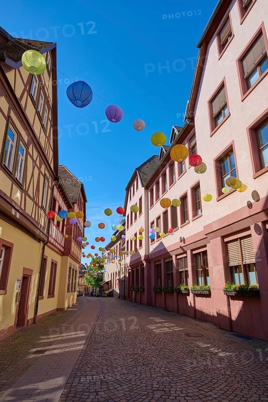 Colourful lanterns adorn a quiet paved street with half-timbered houses, Lohr am Main, Schneewittchenstadt, Main-Spessart district, Mainfranken, Lower Franconia, Bavaria, Germany
