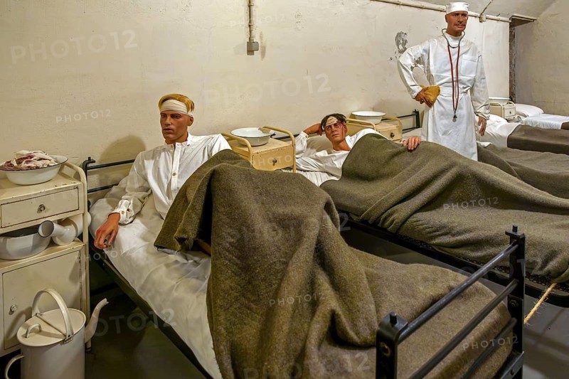 Diorama of infirmary, sick-bay with wounded soldiers at Fort Eben-Emael, Belgian WW2 fortress during the Second World War Two in Belgium