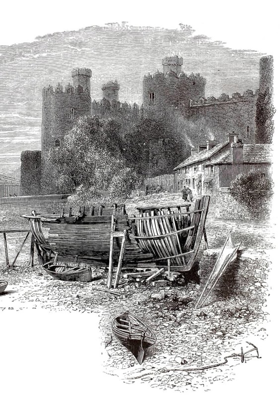 Conwy Castle, Conway, ruins of a medieval castle built between 1283 and 1287 in County Gwynedd on the banks of the Conwy estuary, in the Welsh town of Conwy, Wales, illustration, reproduction from a 19th-century model. Authentic, file restored for optimal use, exact date of submission unknown, historical