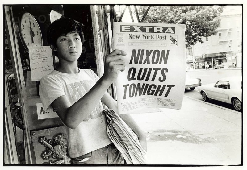 Richard Nixon, President, USA, Resignation, August 9, 1974, Watergate, Affair, Night, Special Issue, New York Post, Nixon Quits Tonight, A boy holds a newspaper with the headline about Nixon's resignation in New York, 1974