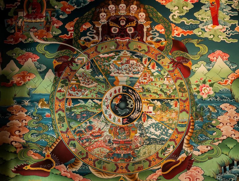 Mural painting representing the buddhist wheel of life in a tibetan buddhist monastery (Jiranga temple, near Chandragiri, Odisha, India), The wheel is held by Yama, the god of death. The wheel symbolizes samsara (the never ending cycle of deaths and re-births) in tantric buddhism