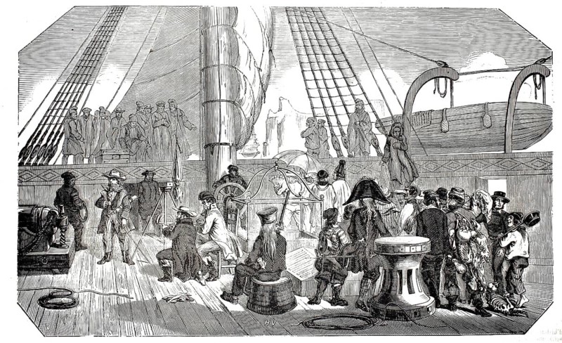January 19, 1840, the discovery of Terre Adélie, Adelieland, in Antarctica by the French navigator and explorer Jules Dumont d'Urville. Scene on one of the two ships. On this day, the crews of the French ships Astrolabe and Zélée under the command of Dumont d'Urville saw the Antarctic coast for the first time, reproduced from a 19th-century model. Authentic, file restored for optimal use, exact date of submission unknown