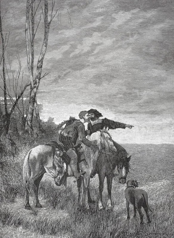 Smugglers, poachers or illegal border workers. A man acts as a scout here. The outstretched arm indicates a potential danger, approaching tax collectors or gendarmes, or the safe escape route, illustration, reproduction from a 19th-century model. Authentic, file restored for optimal use, exact date of submission unknown, historical