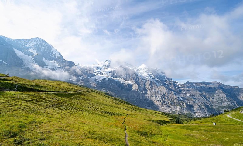 Mountain landscape with peaks Eiger, Mönch and Jungfrau, Jungfrau region, Bernese Oberland, Switzerland