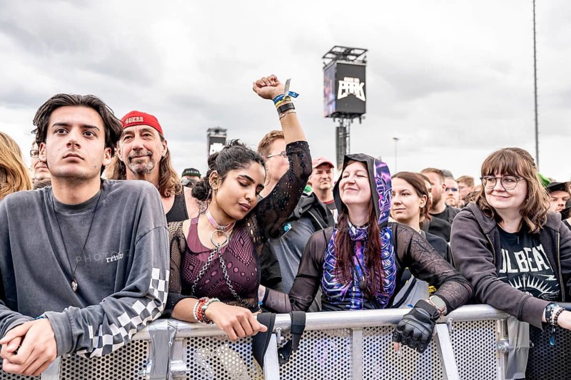 Festival visitors dance during Tom Morello's performance at Rock im Park on Zeppelin Field in Nuremberg on 05.06.2026