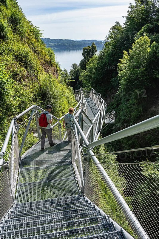 The panoramic jetty of the Marienschlucht, which was opened in 2026 and is accessible to tourism. The new tourist attraction on Lake Constance, consisting of a steel structure weighing a total of 90 tons, runs down to the lakeside with over 280 steps, Langenrain, Allensbach, the district of Constance, Baden-Württemberg, Germany