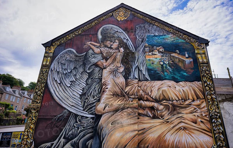 Angel, mural, graffiti, on a residential building, St Ives, Cornwall, England, Great Britain, Great Britain