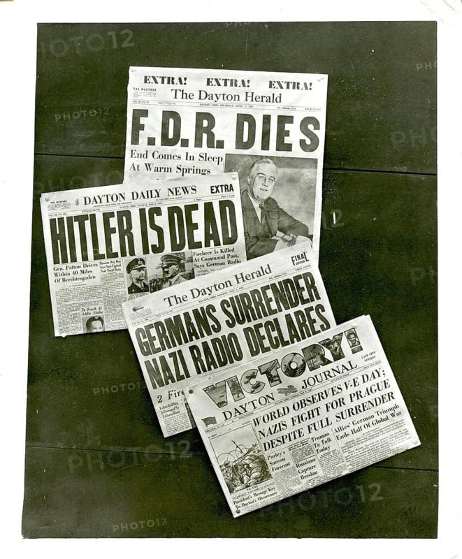 Dayton Herald, Dayton Daily News, newspapers, Ohio, distinctive headlines, death of Adolf Hitler, April 30, 1945, death of Franklin D. Roosevelt, April 12, 1945, surrender May 8, 1945