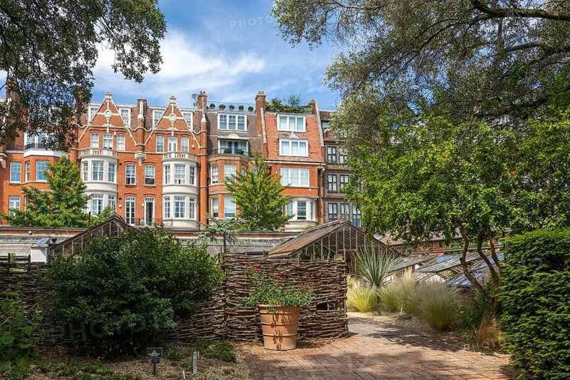 Greenhouses and view of nearby houses, Chelsea Physic Garden, London, England, UK