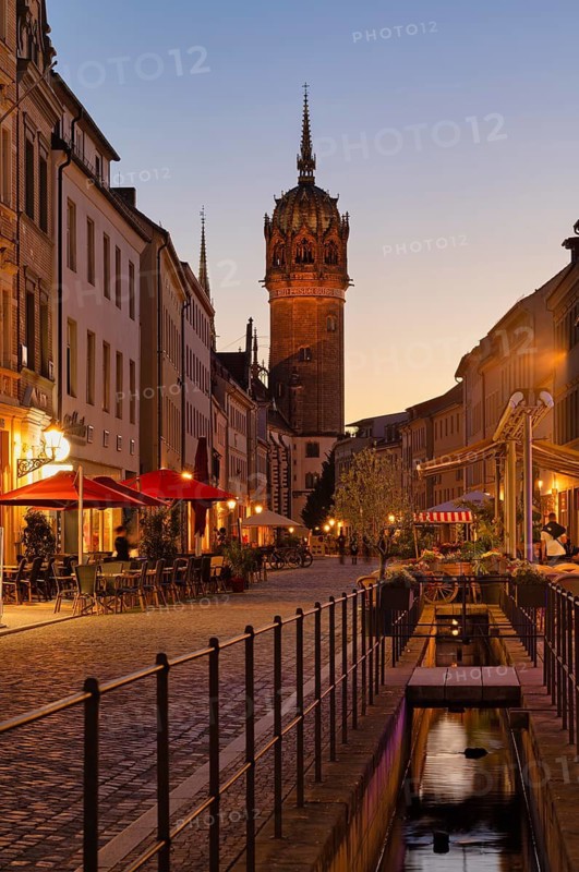 Night view, restaurants, tower, castle tower, castle church, old town, Bach, Luther city Wittenberg, evening atmosphere, Saxony-Anhalt, Germany