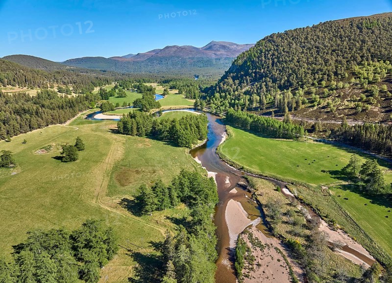 Aerial view of the course of Clunie River near Braemar, Cairn Gorms national Park, Scotland, UK