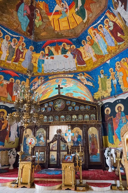 Orthodox church with iconic wall paintings and a golden chandelier characterized by a sacred atmosphere, Saint Archangel Michael Orthodox Church, Biserica Biserica Sfântul Arhanghel Mihail, Corjeuti, Corjeu?i, North Region, Briceni District, Republic of Moldova, Moldova
