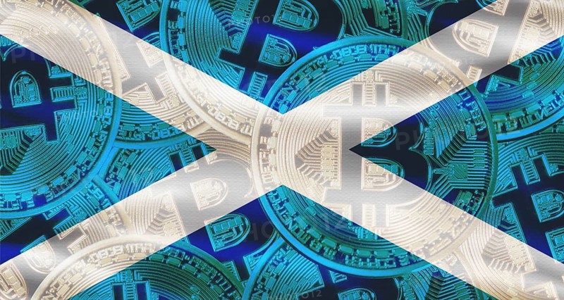 Scottish flag with Bitcoins in the background. Investors in cryptocurrency and Blockchain Technology in Scotland
