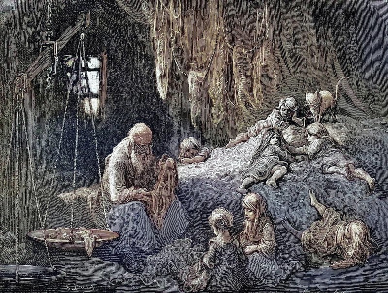 An old man with a long beard sits bent over to the left and sorts or patches rags. Several neglected children lie and sit on the right on a large pile of fabrics or blankets, old clothes dealer, around 1870, illustration, reproduction from a model from the 19th century. Authentic, file restored for optimal use, exact date of original unknown, historical, nostalgically colored
