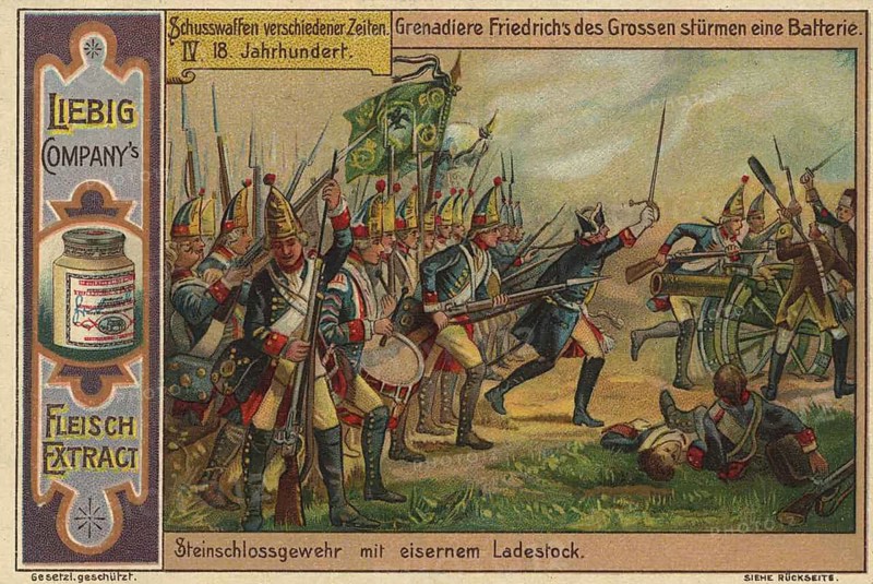 Series of pictures of firearms from different times, Grenadiers of Frederick the Great storm a battery. IV. 18th century. The soldiers are equipped with flintlock rifles with an iron ramrod, picture of a digitally restored reproduction of a collector's painting from around 1900, exact date unknown
