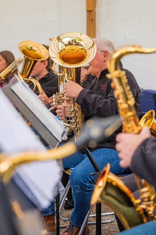 Musicians playing brass instruments in a close-up, focus on musical notes and instruments, Father's Day, Forest Festival, Aidlingen, Böblingen district, Germany