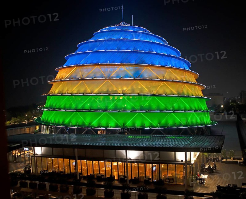 Colourfully lit Kigali Convention Centre at night, Convention Center, Kigali, Rwanda