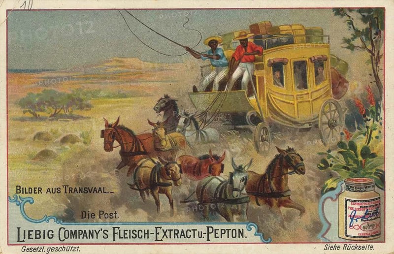 Picture series pictures from Transvaal, stagecoach pulled by several horses through the South African countryside, favorite picture, digitally restored reproduction of a collector's painting from around 1900, exact date unknown