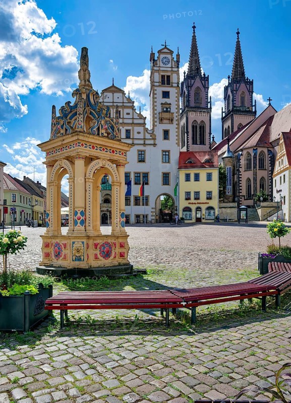 Marktbrunnen vom Steinmetz Gregor Richter, memorial, town hall, St. Aegidien-Kirche, Neumarkt, Oschatz, Saxony, Germany