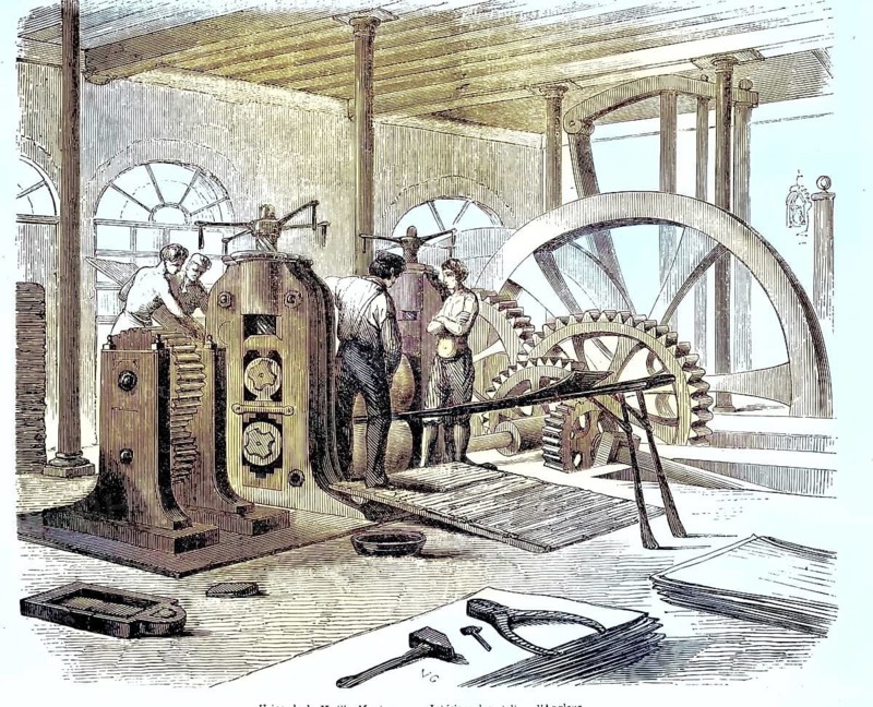 Vieille-Montagne plant, Société Anonyme des Mines et Fonderies de Zinc de la Vieille-Montagne, The machinery shown was used for industrial crushing and squeezing of sugar cane in order to obtain the sweet juice for later sugar and rum production, reproduction from an original from the 19th century. Authentic, file restored for optimal use, exact date of original unknown, nostalgically colored