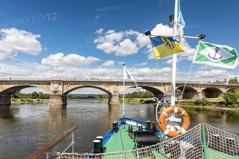 On the Elbe in Dresden, here at the Albert Bridge, Dresden, Saxony, Germany, with the historic paddle steamer LEIPZIG of Saxon Steamship