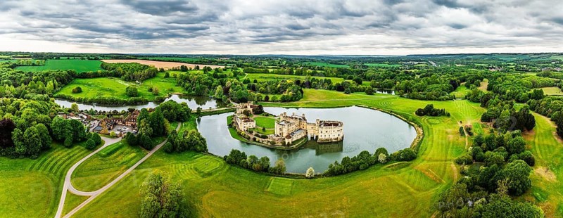 Panorama of Leeds Castle from a drone, River Len, Kent, England, United Kingdom