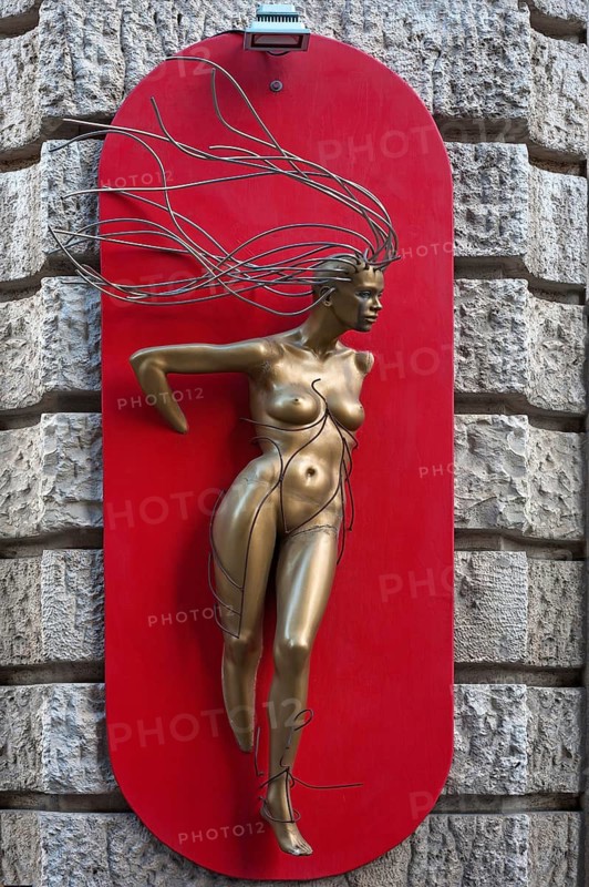 Sculpture in front of a hairdressing salon, Munich, Bavaria, Germany