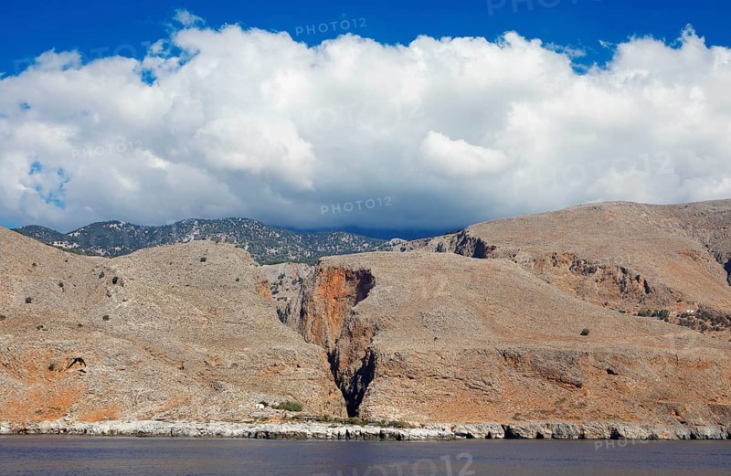 Aradena gorge on the Libyan Sea, in the back the Lefkia Ori or White Mountains, Sfakia Municipality, Chania Regional Unit, Crete, Greece