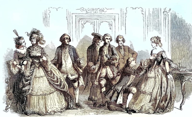 Illustration for La Vicomtesse Lolotte, very successful French comedy vaudeville by Jean-Francois Bayard and Dumanoir, 1847, France, illustration, reproduction from a 19th-century model. Authentic, file restored for optimal use, exact date of original unknown, historical, colored