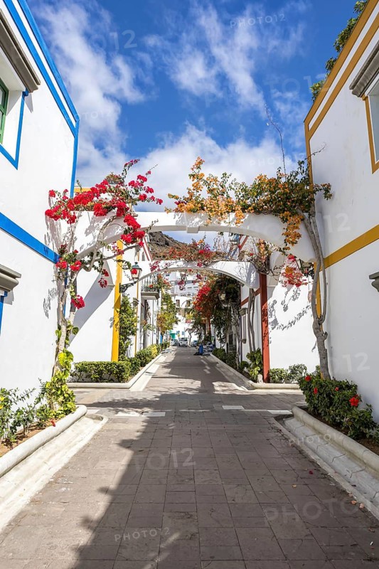 Puerto de Mogan typical colorful houses with flowers on Gran Canaria island vacation trip in Puerto de Mogán, Spain