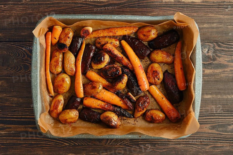 Tray with mix of roasted potatoes, carrots, and beets placed on parchment paper in kitchen. Vegetables show golden and brown colors from roasting process and are ready for meals