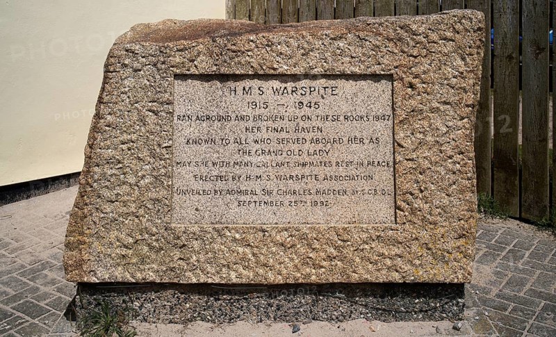 Memorial plaque, stone tablet, commemorating the HMS Warspite accident, St Michael's Mount, Cornwall, England, Great Britain, Great Britain