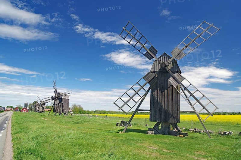 Wooden windmills in a green landscape under a blue sky with white clouds, Lerkaka, Ölandsleden, Öland, Sweden