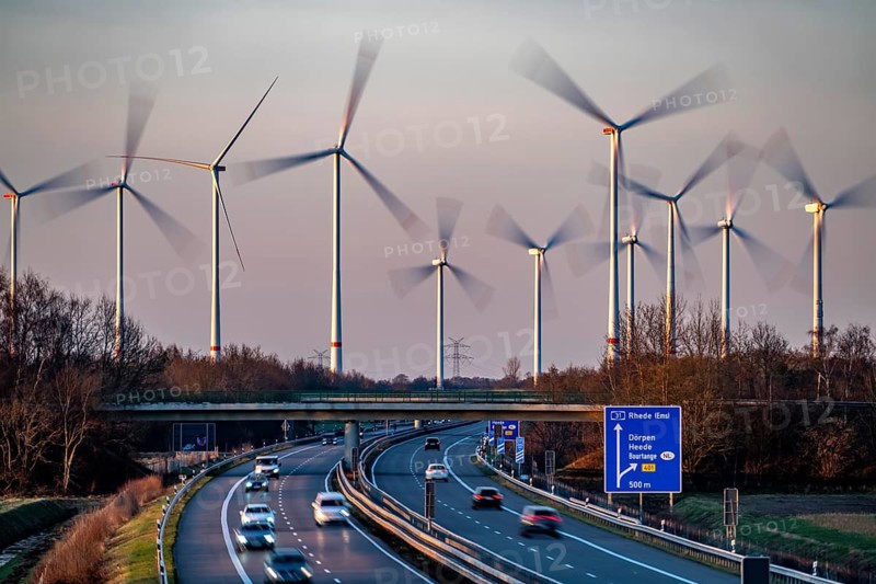 Borsum wind farm, near Rhede, on the A31 motorway, the wind farm was put into operation in 2001 and repowered in 2024, 13 old turbines were dismantled and replaced with 8 new Enercon E160 wind turbines and an Enercon E147, with a total output of almost 50 MW, Lower Saxony, Germany